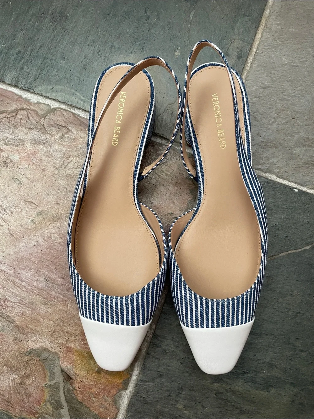 New Veronica Beard Cecile Slingback Pumps Blue White Stripe Low Heel Sz 8